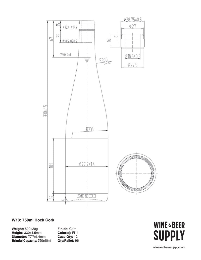 750ml Hock Wine Bottle, W13, Cobalt Blue, Cork (Case of 12)