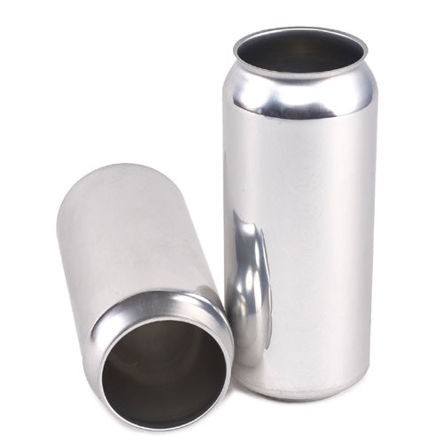 Two empty 16oz brite cans, one standing and one lying on its side, with a smooth, shiny finish.