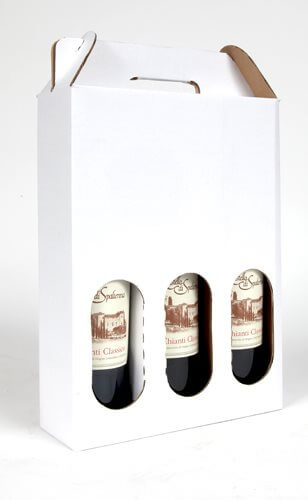 White cardboard three bottle wine carrier with handle and cutouts showing wine bottles inside