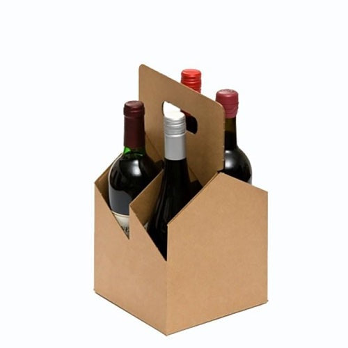 Cardboard 4-pack wine bottle tote with handle for carrying wine or beer bottles