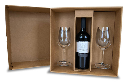Kraft wine gift box with two wine glasses and one bottle holder for shipping and gifting