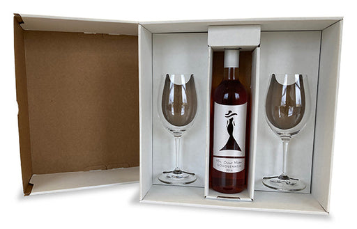 Wine gift box set with two wine glasses and one bottle of wine in white packaging for gifting and shipping.