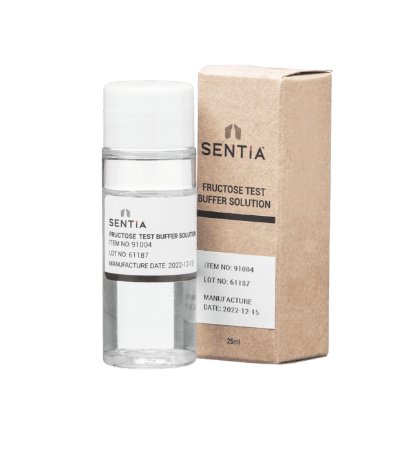 Sentia™ Fructose Test Strips Buffer Agent bottle and packaging for wine fructose monitoring during malolactic fermentation