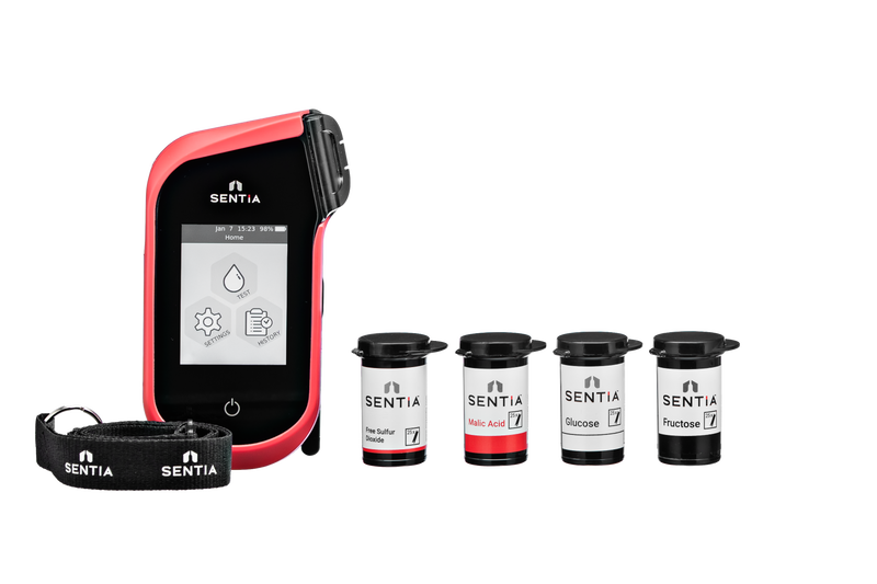 Sentia wine analyzer handheld device with touchscreen and test strip vials for free sulfur dioxide, malic acid, glucose, and fructose analysis