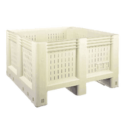 Large vented harvest bin made of durable, FDA-approved, injection-molded plastic with ventilation slots and smooth surfaces for pest-resistant produce storage.