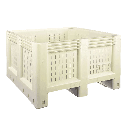 Large vented harvest bin made of durable, FDA-approved, injection-molded plastic with ventilation slots and smooth surfaces for pest-resistant produce storage.