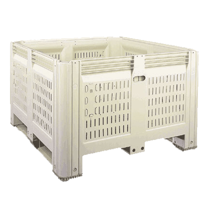 Large vented harvest bin made of durable, FDA-approved nonporous plastic with ventilation slots and smooth, splinter-resistant surfaces for safely transporting produce.
