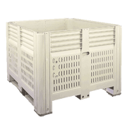 Vented harvest bin made of durable, FDA-approved plastic with ventilation slots, smooth surfaces, and rounded corners for safe produce handling.
